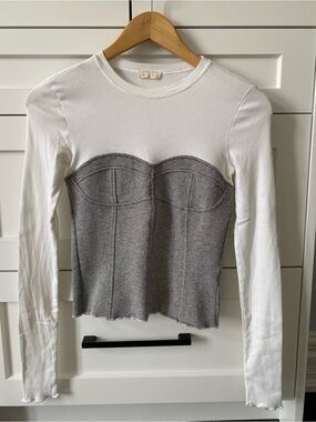 Zara White and Gray Long Sleeve Corset-Panel Top